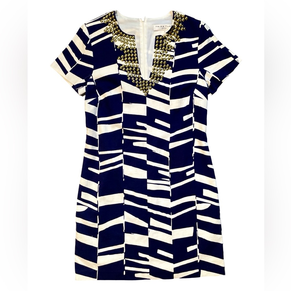 Trina Turk Annamarie Navy Studded Geometric Shift Dress